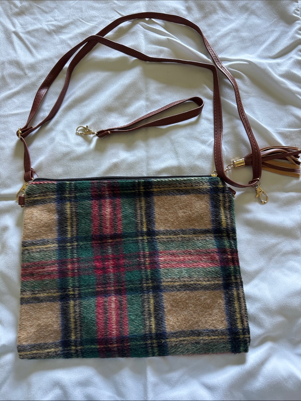 Plaid Wool Crossbody or Wristlet Bag with Brown Leather Tassel Zipper Pull - Picture 1 of 7